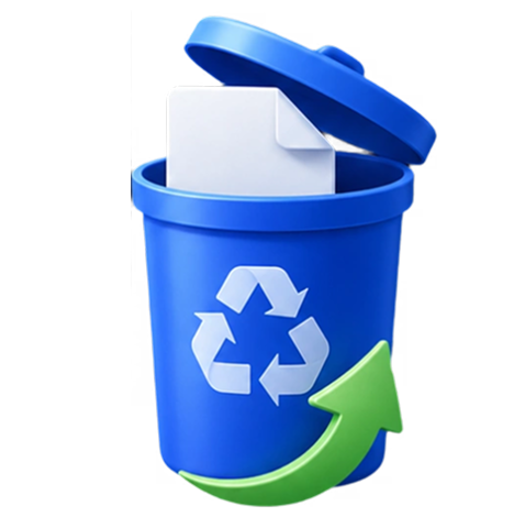 Una papelera de reciclaje azul con una flecha de recuperación