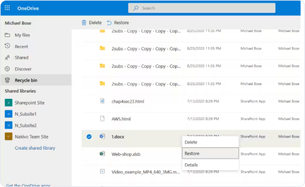 Restaurar un archivo desde la Papelera de reciclaje de OneDrive
