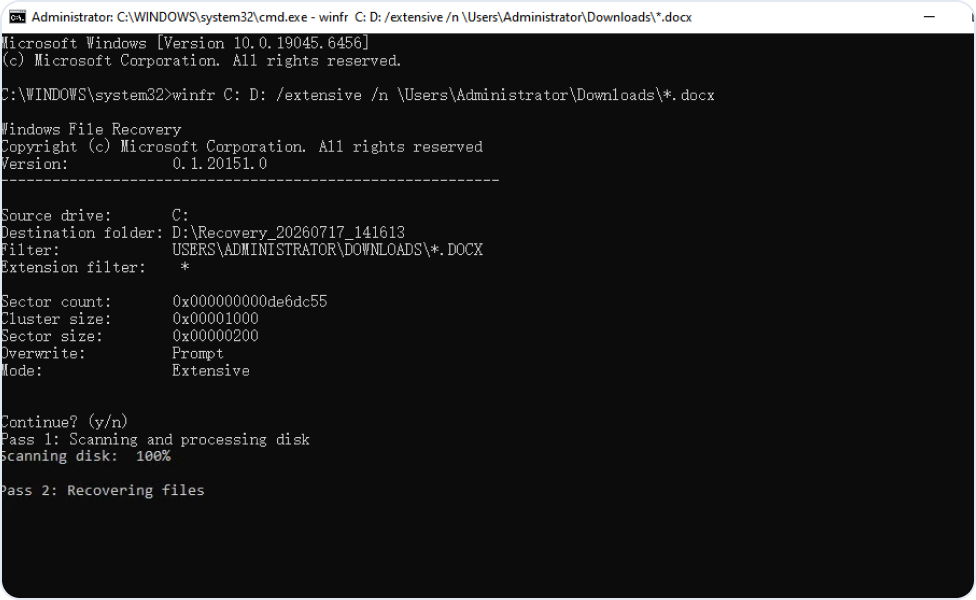 Línea de comandos de Windows File Recovery