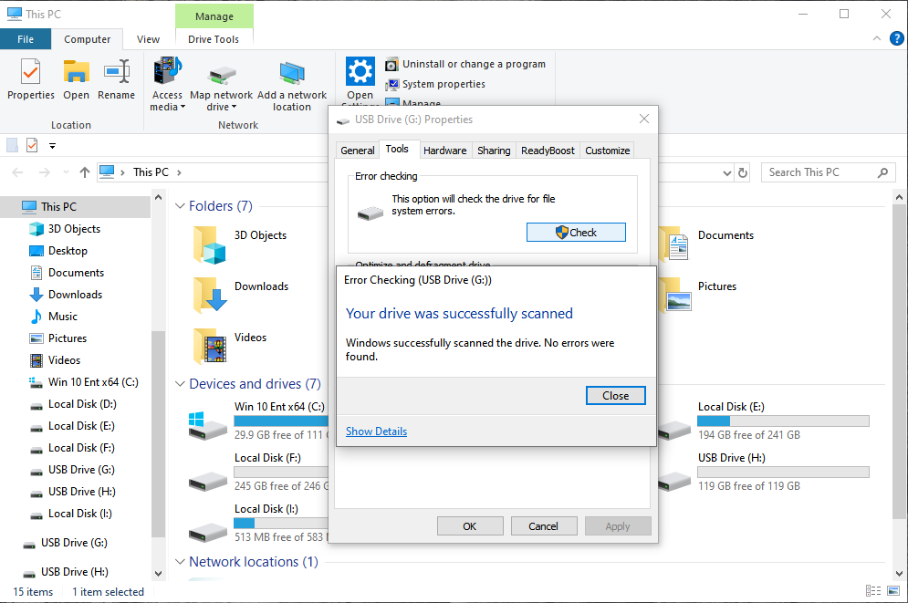 Pasos para la comprobación de errores de Windows en una unidad USB